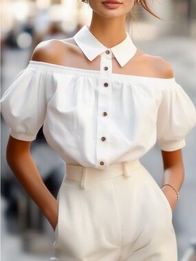 Off-Shoulder White Button-Front Blouse with Collar & Puffy Sleeve  - Med (8-10)
